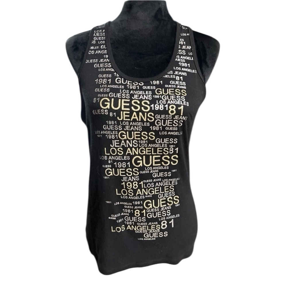 🖤💛NWOT- BLACK AND GOLD GLITTERY GUESS RACERBACK TANK TOP. SX L🖤💛